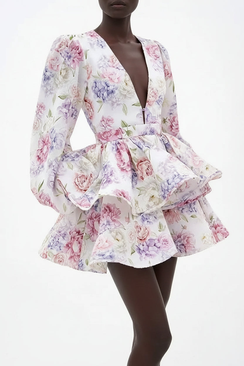 Woman wearing a floral dress on a white background