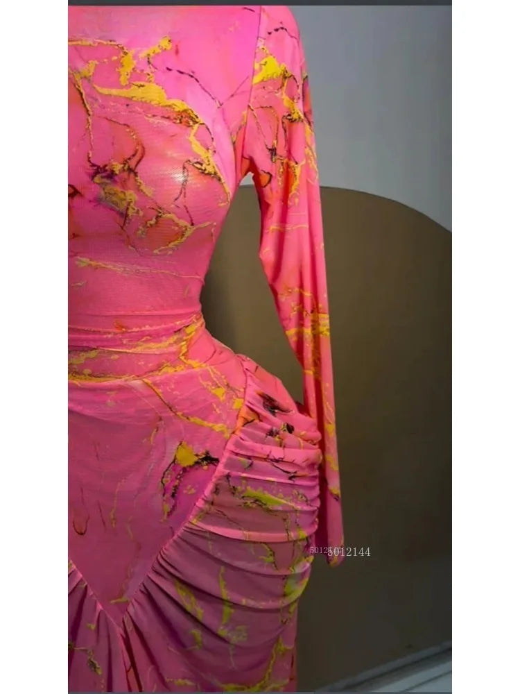 Tie Dye Printed Stacked Ruched Midi Bodycon Maxi Dress