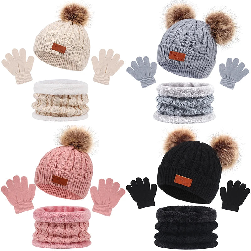 3Pcs Winter Baby beanie hat and scarfs with gloves