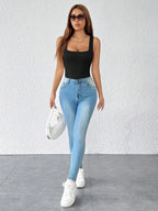 Black Solid Wide Strap Stretch Bodysuit