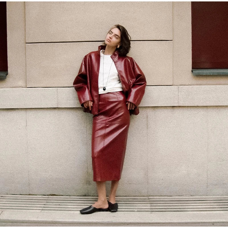 Vintage Biker Leather Jacket Skirts Suit