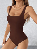 Black Solid Wide Strap Stretch Bodysuit