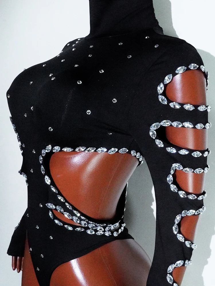 Rhinest Hollow Out Black Women Bodysuit Pants