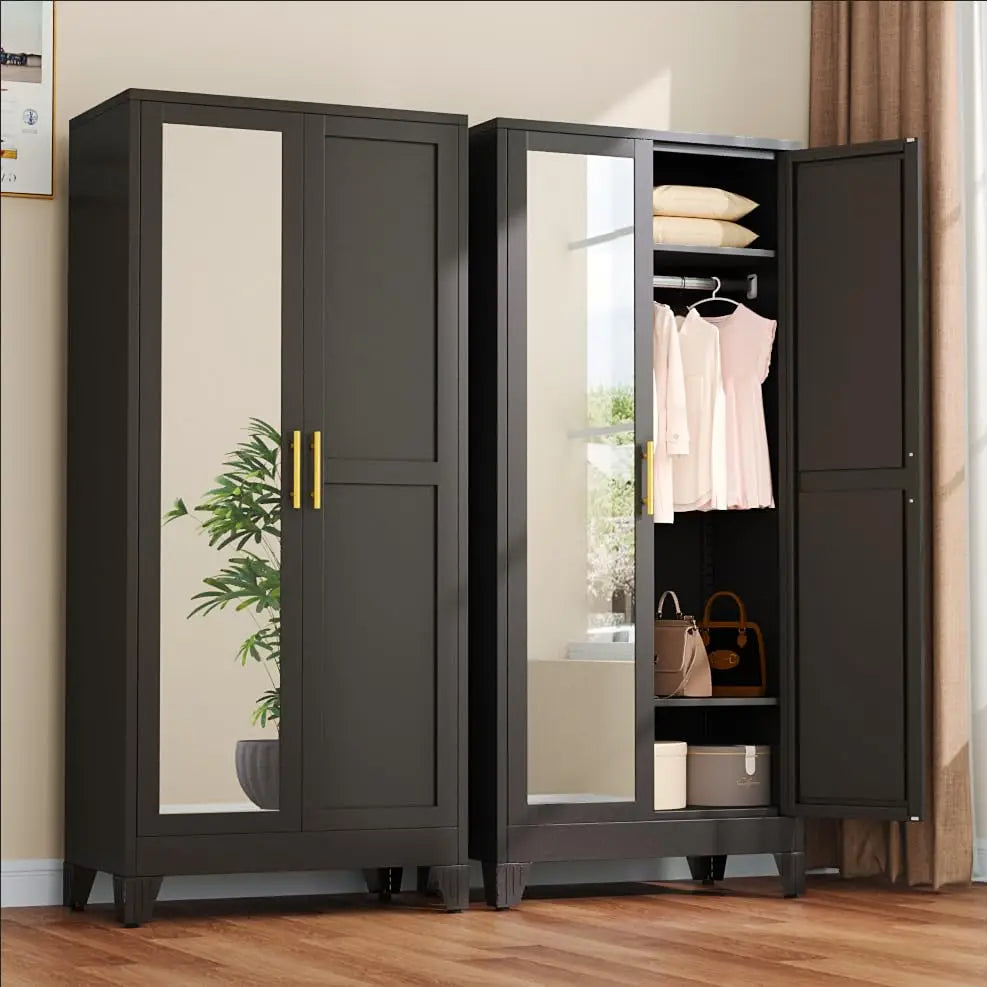 71" Metal Wardrobe Armoire 2 Mirror Doors