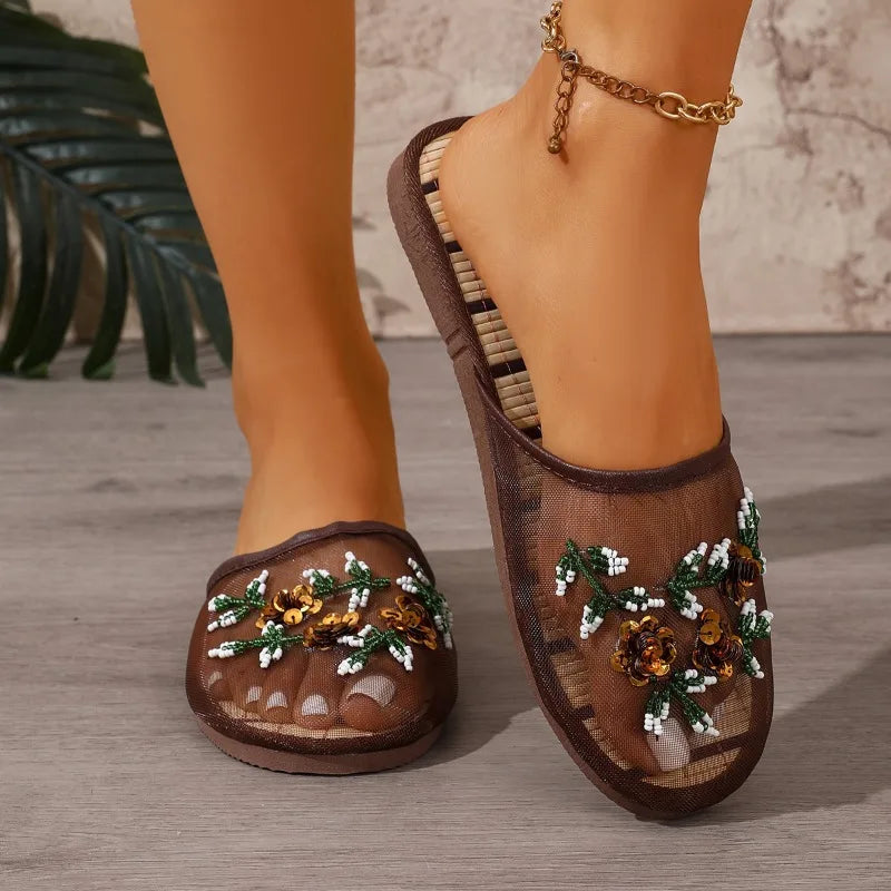 Closed Toe Embroider Flower Solid Soft Bottom Sandals