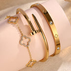 Stainless Steel Gold Plated Four-Leaf Flower Nails Stacked Bracelet