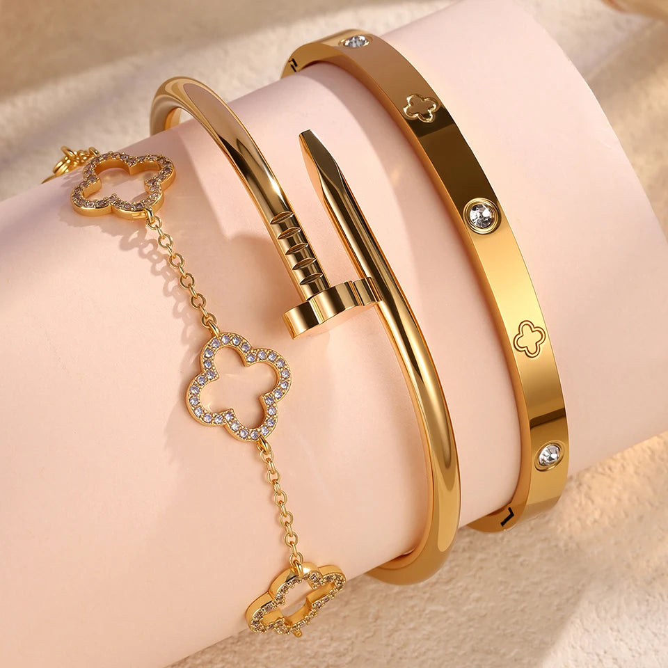 Stainless Steel Gold Plated Four-Leaf Flower Nails Stacked Bracelet