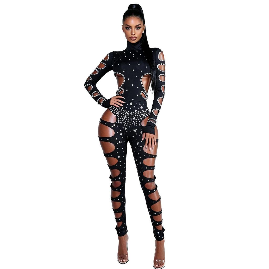 Rhinest Hollow Out Black Women Bodysuit Pants