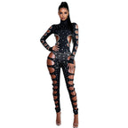 Rhinest Hollow Out Black Women Bodysuit Pants