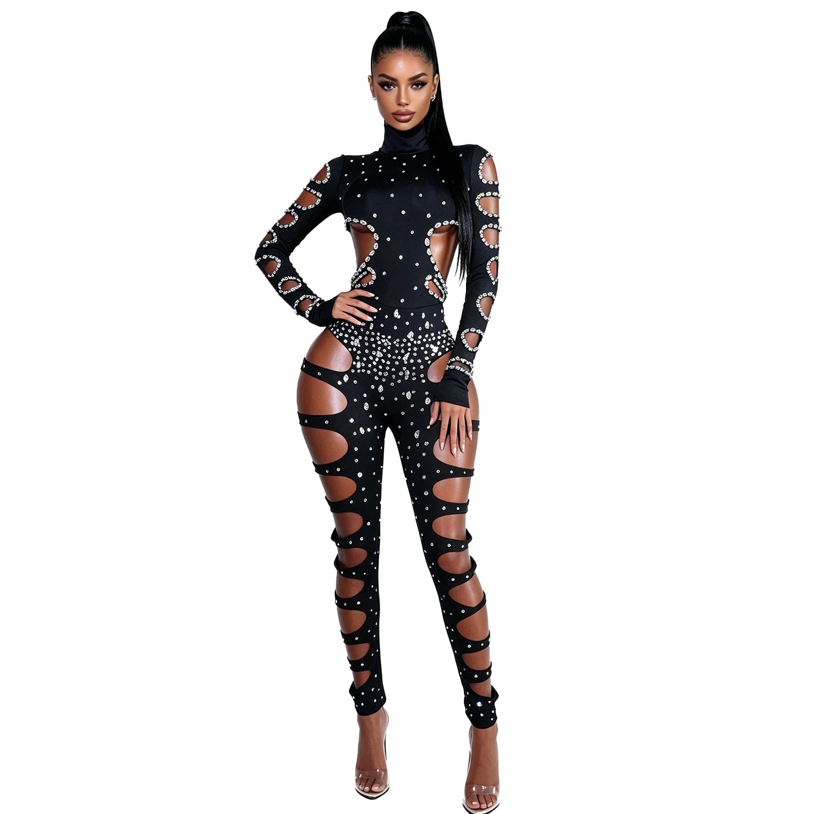 Rhinest Hollow Out Black Women Bodysuit Pants
