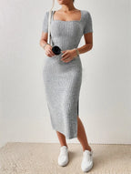 Sleeved versatile knitted slit dress