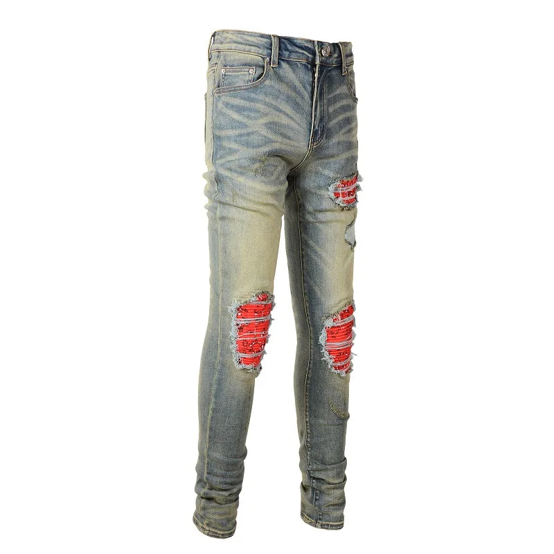 Men Cracked Patch Stretch Denim Jeans