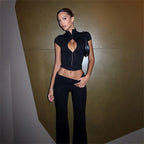 Women Fashion Sexy Short Sleeves Suit Casual Sheath Hollow Out 2 Pieces
