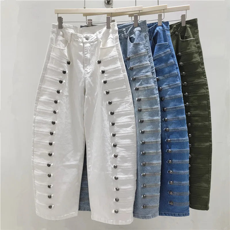 Women Jeans Vintage Buttons Wide Leg Pants Streetwear Solid Pockets Loose Trousers Y2k Washed Pant Denim Casual Summer 2026