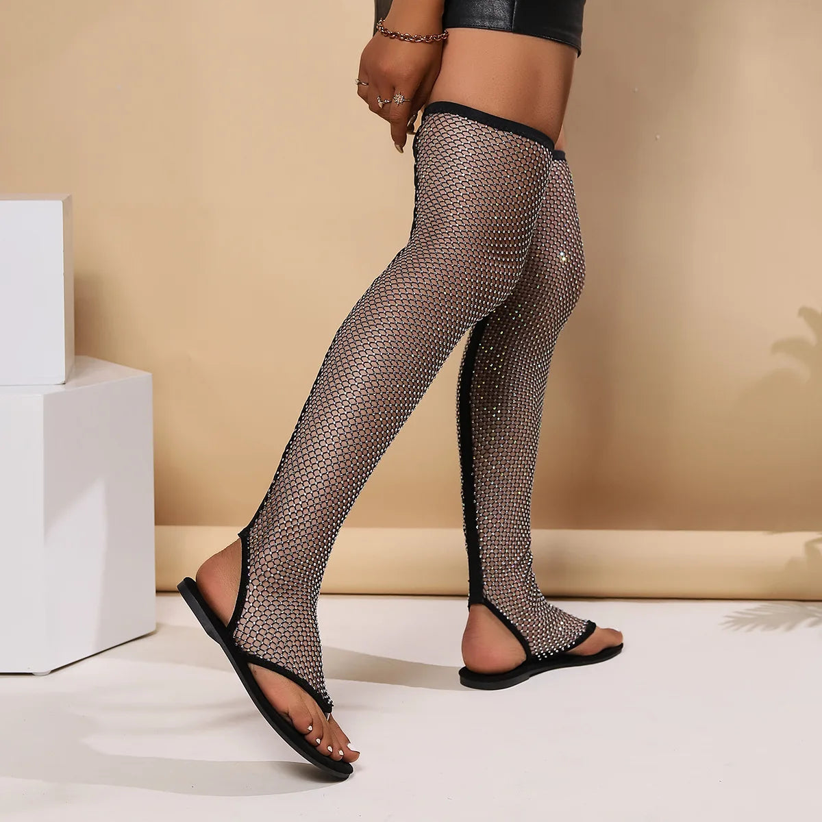 Rhinestone Long Tube Knee Length Socks Boots Sandals