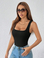 Black Solid Wide Strap Stretch Bodysuit