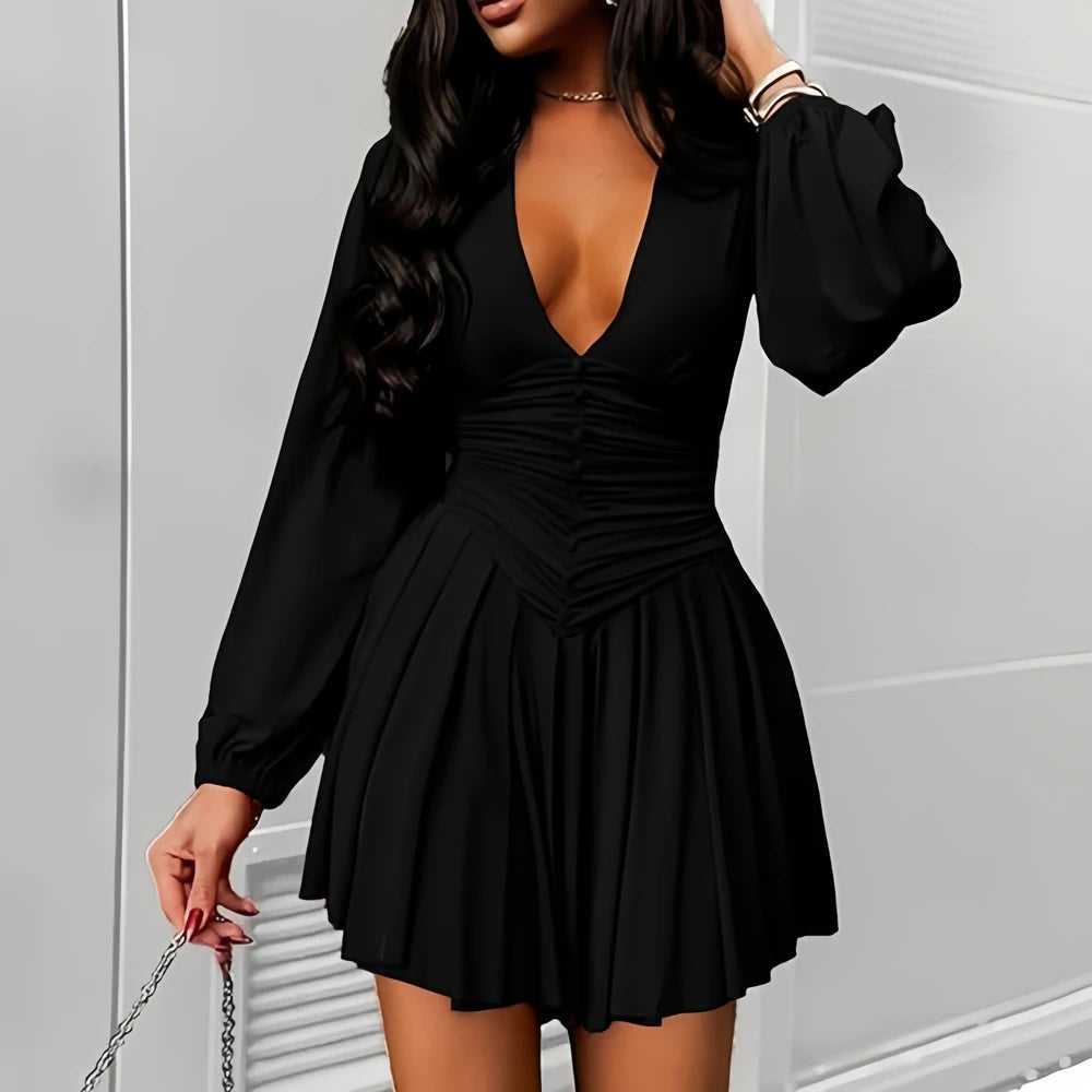 Summer Dresses Women's Sexy Long Sleeve Deep V-Neck Waist Gather Button Detail Sandy Casual Mini Length Dress Dropshipping