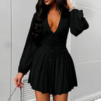 Summer Dresses Women's Sexy Long Sleeve Deep V-Neck Waist Gather Button Detail Sandy Casual Mini Length Dress Dropshipping