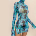 Mesh Printed Vintage Bodycon Dress