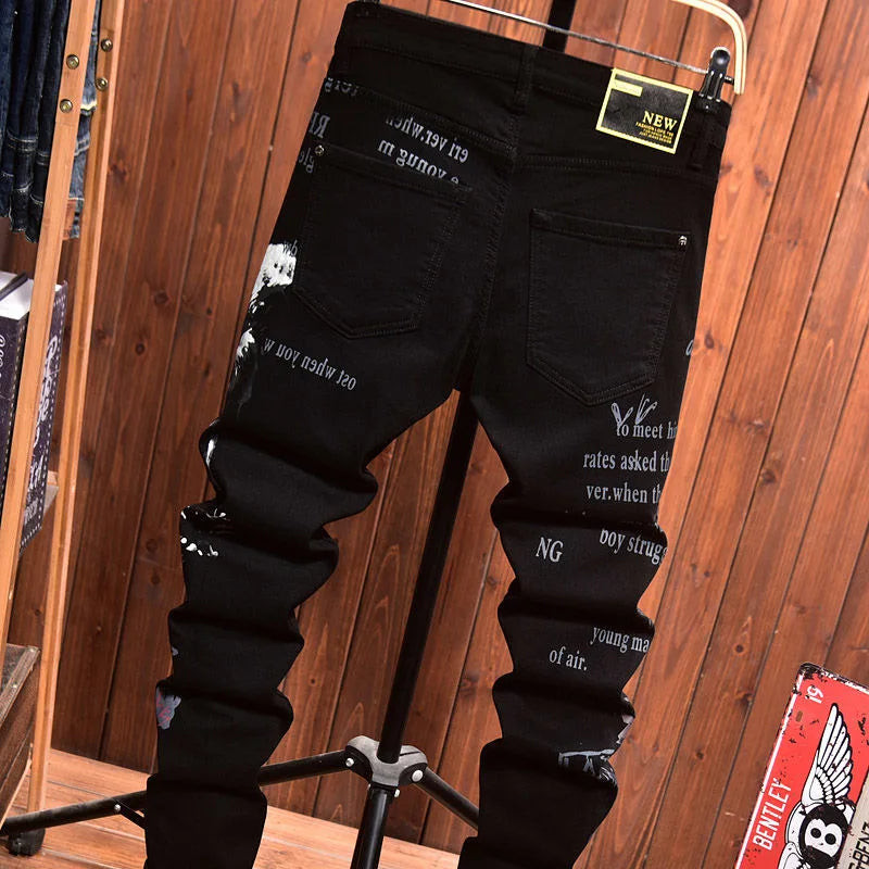 Printed Black Straight Leg Jeans