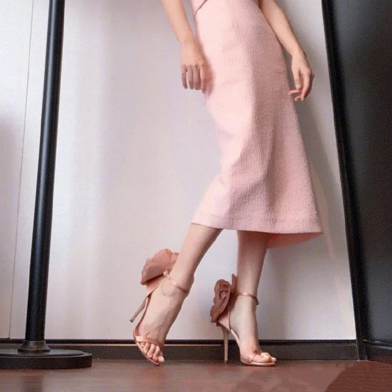 floral round toe slim heel one-piece party sandals