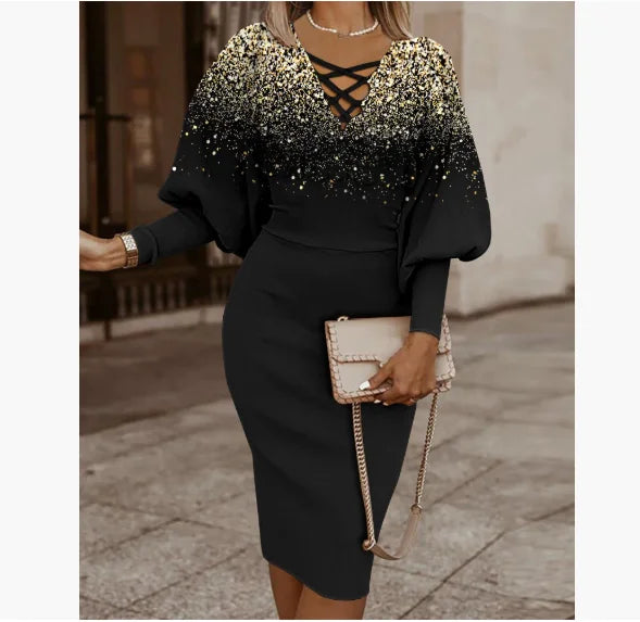 Elegant Maze Printed Long Sleeved Slim Fit Dress