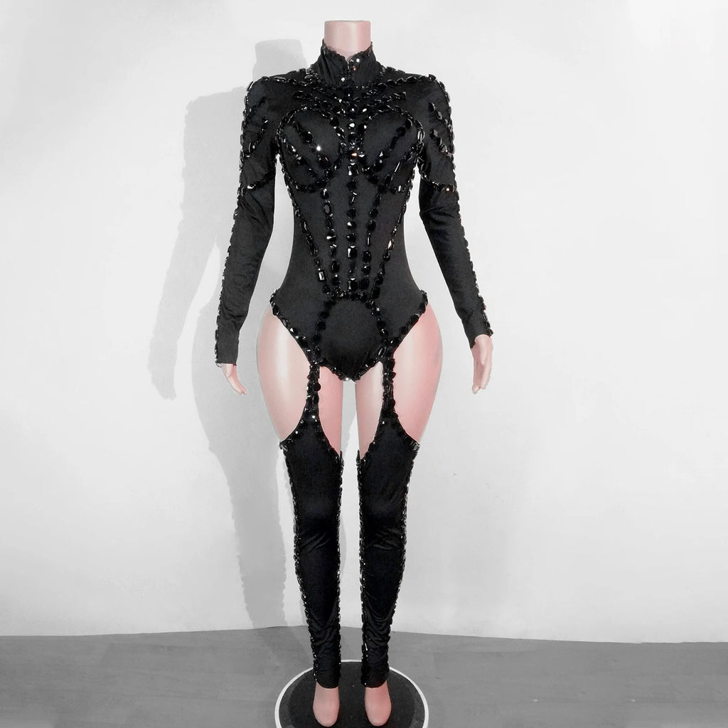 Rhinest Hollow Out Black Women Bodysuit Pants