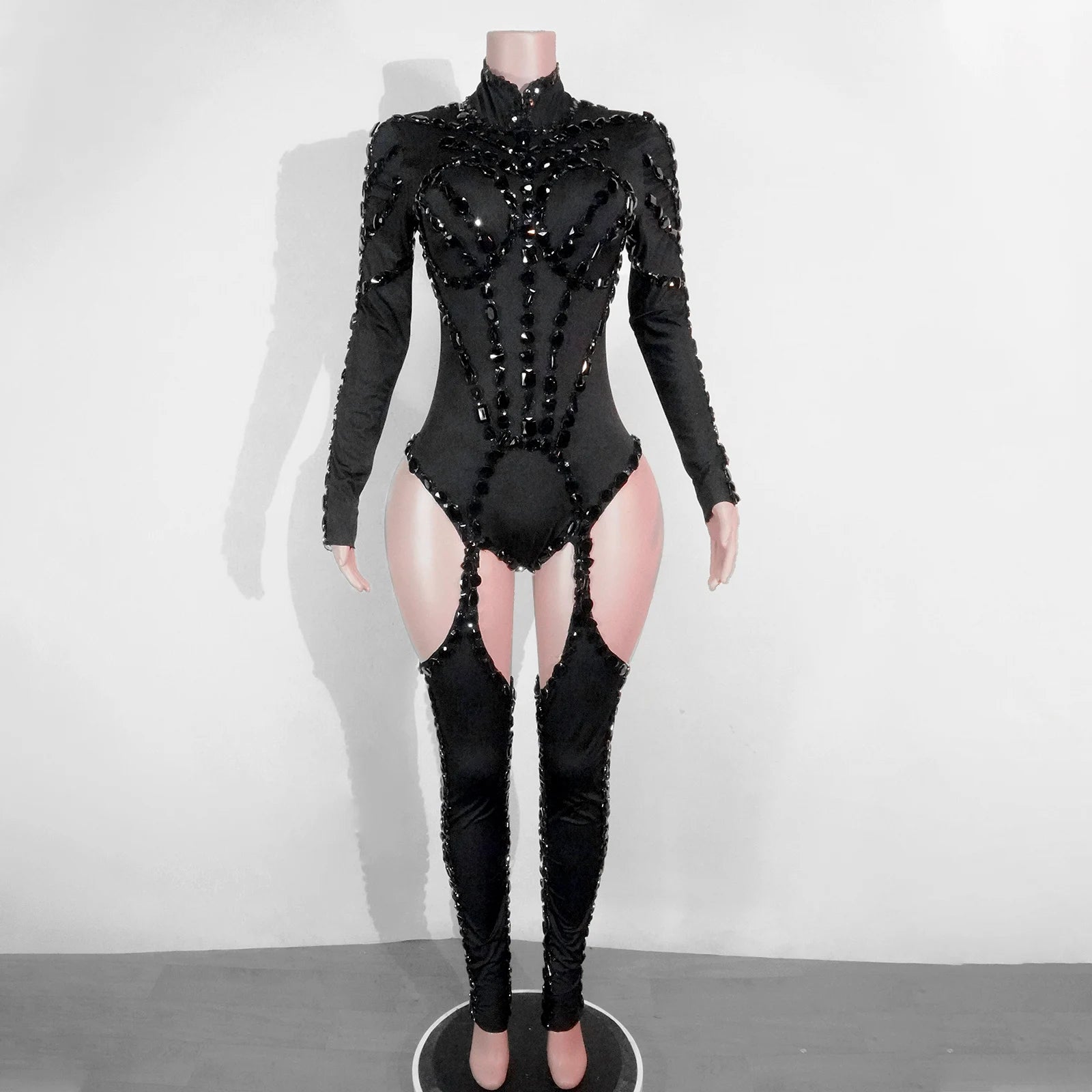 Rhinest Hollow Out Black Women Bodysuit Pants