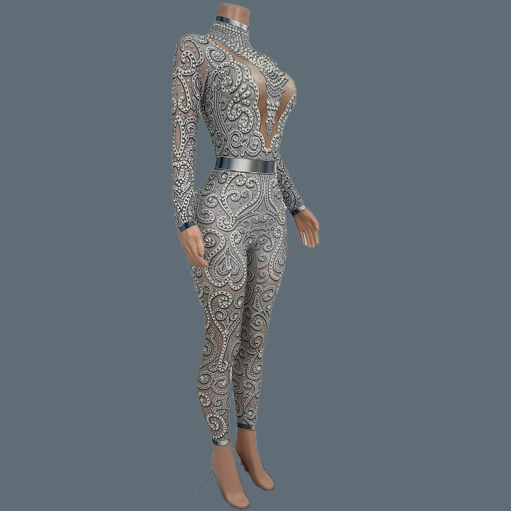 Rhinestone Pearls Spandex Jumpsuit