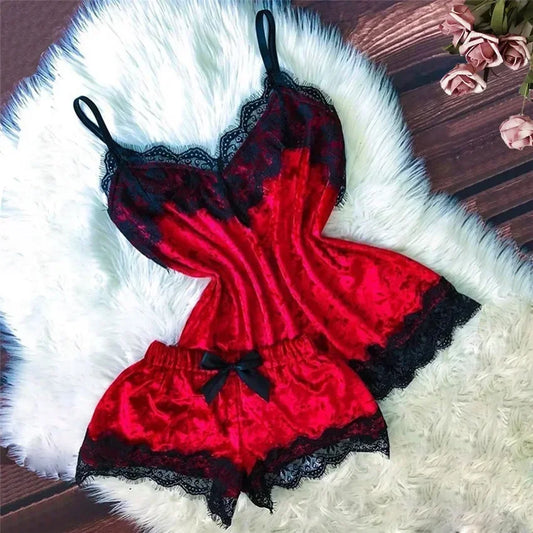 Summer Lace Sleepwear Sexy Satin Pajamas Set