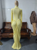 Women's High Neck Solid Full Sleeve Hollow Out Ruched Maxi Dress