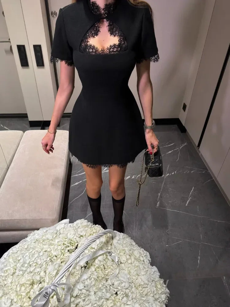 Black Lace Trim Hollow Out Mini Dress