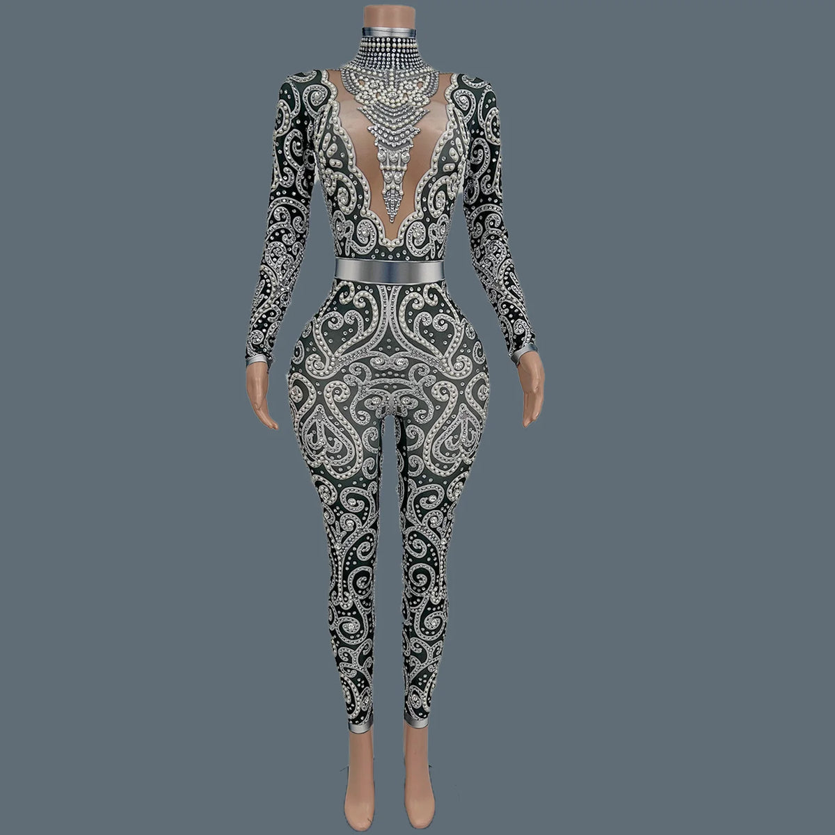 Rhinestone Pearls Spandex Jumpsuit