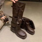 Round Toe Metal Buckle Boots