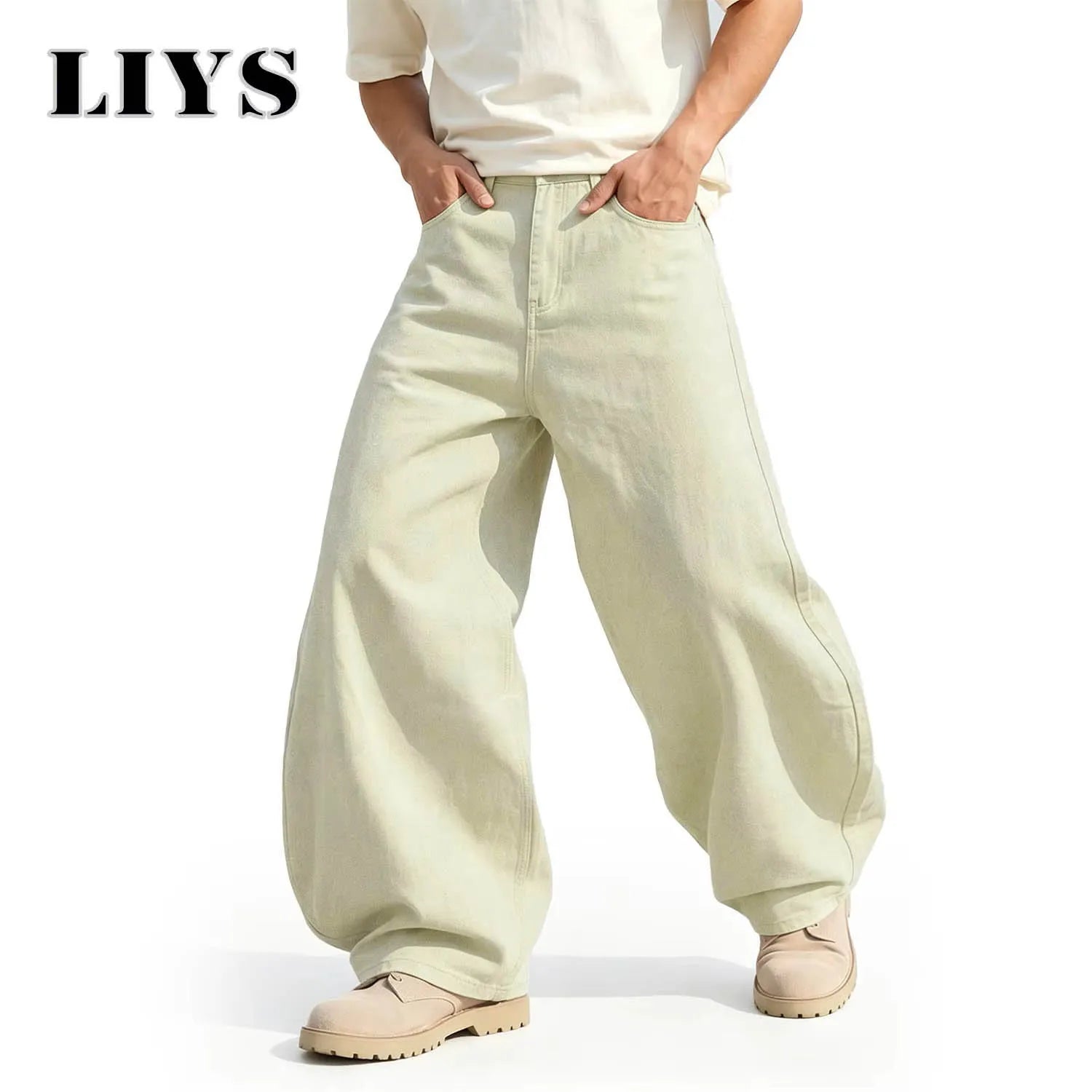 LIYS Men's American Beige Loose Wide Leg Jeans