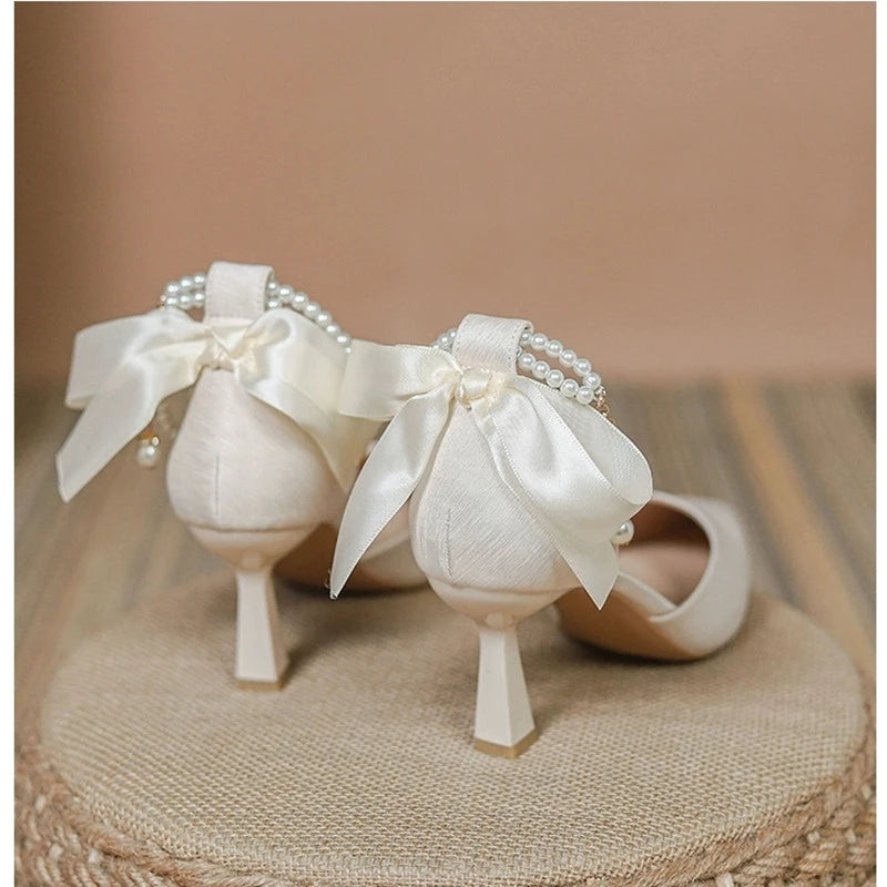 String Bead Pearls High Heels
