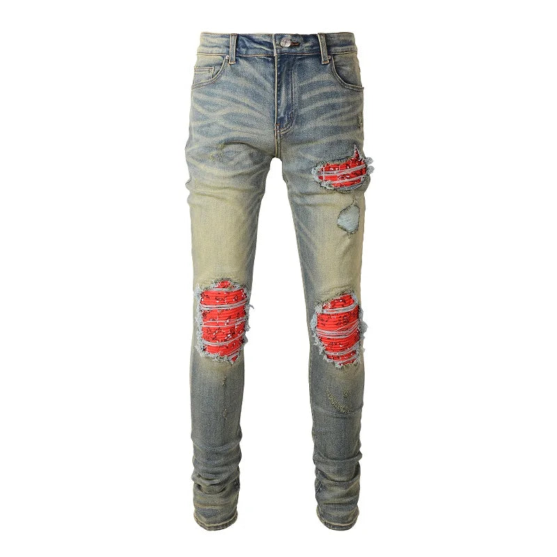 Men Cracked Patch Stretch Denim Jeans