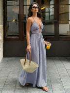 Women Summer Dresses 2026 New Backless Halter Sleeveless Deep V-Neck High Waist Dress Female Sexy Holiday Beach Striped Dress