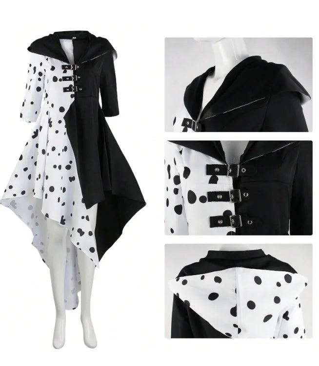 cruella de Ville, women's black and white spotted dog costume
