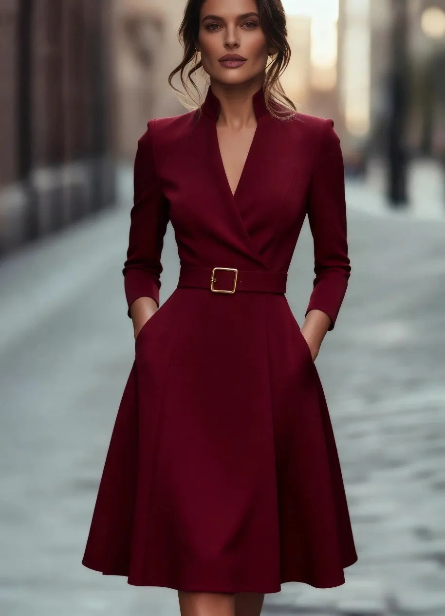 V-neck waist-cinching long-sleeved dress