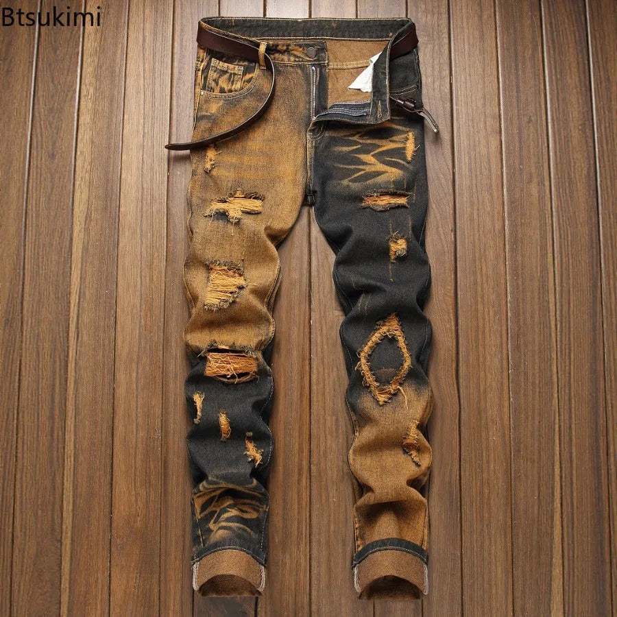 New Retro Jeans Men's Ripped Straight Leg Pants