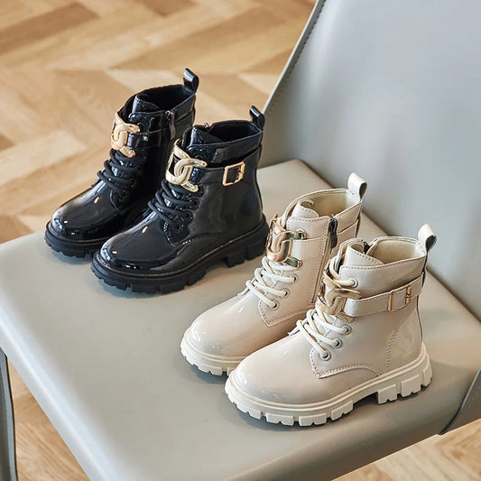 Girls Ankle Boots Glossy Buckle