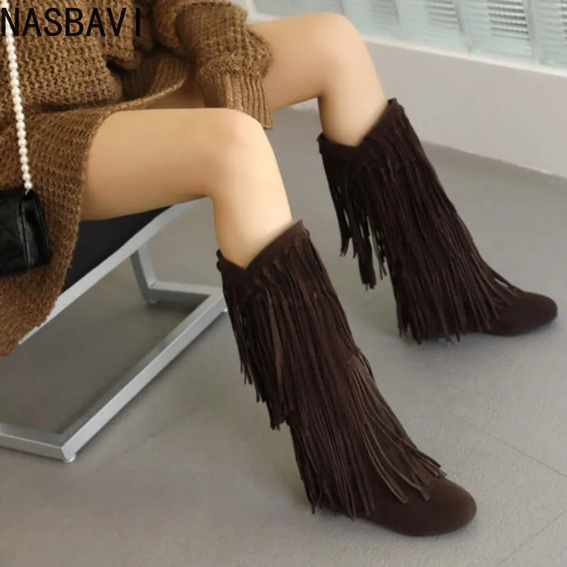 Bohemian Flock Tassel Mid-Calf Boots