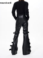 Mauroicardi Long Black Pu Leather Flare Pants