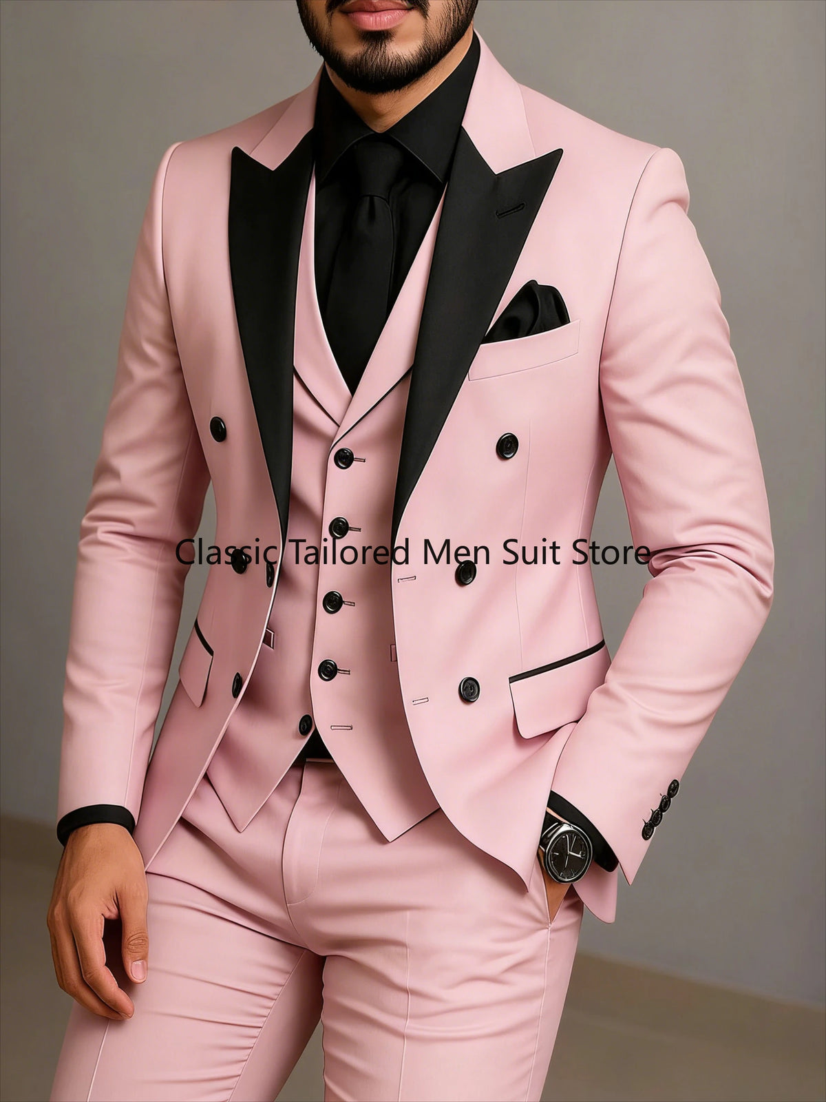 Black Lapel Beige Double Breasted Suit