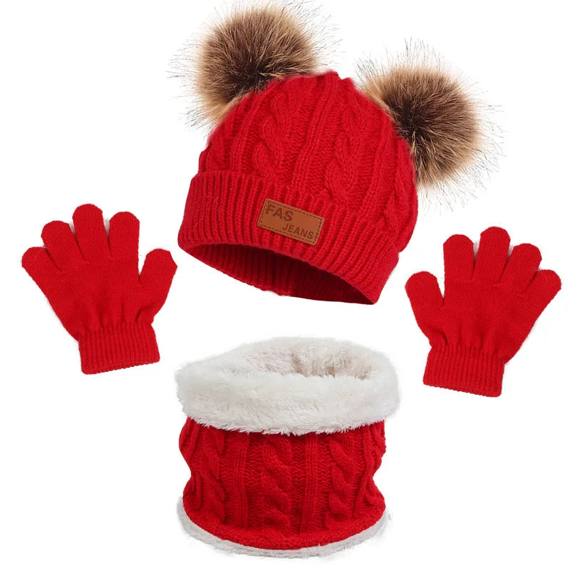 3Pcs Winter Baby beanie hat and scarfs with gloves