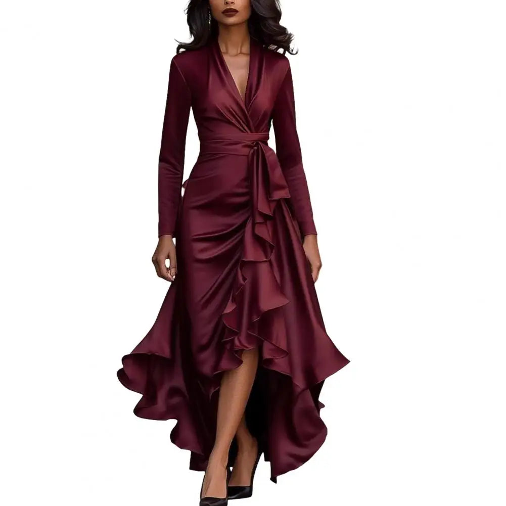 Evening Dress V Neck High Waist Slim Fit Ruffle