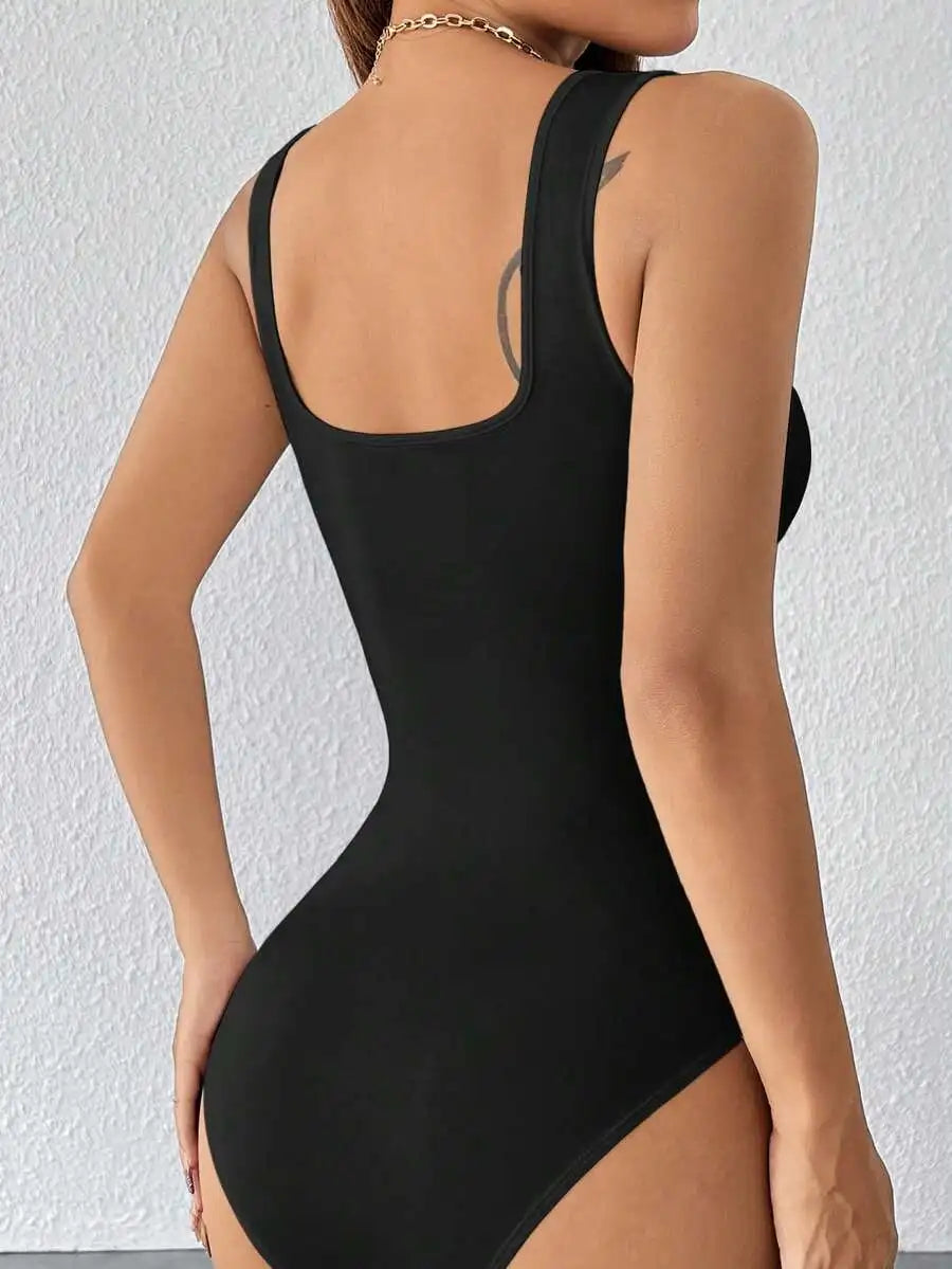 Black Solid Wide Strap Stretch Bodysuit