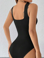 Black Solid Wide Strap Stretch Bodysuit