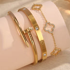 Stainless Steel Gold Plated Four-Leaf Flower Nails Stacked Bracelet